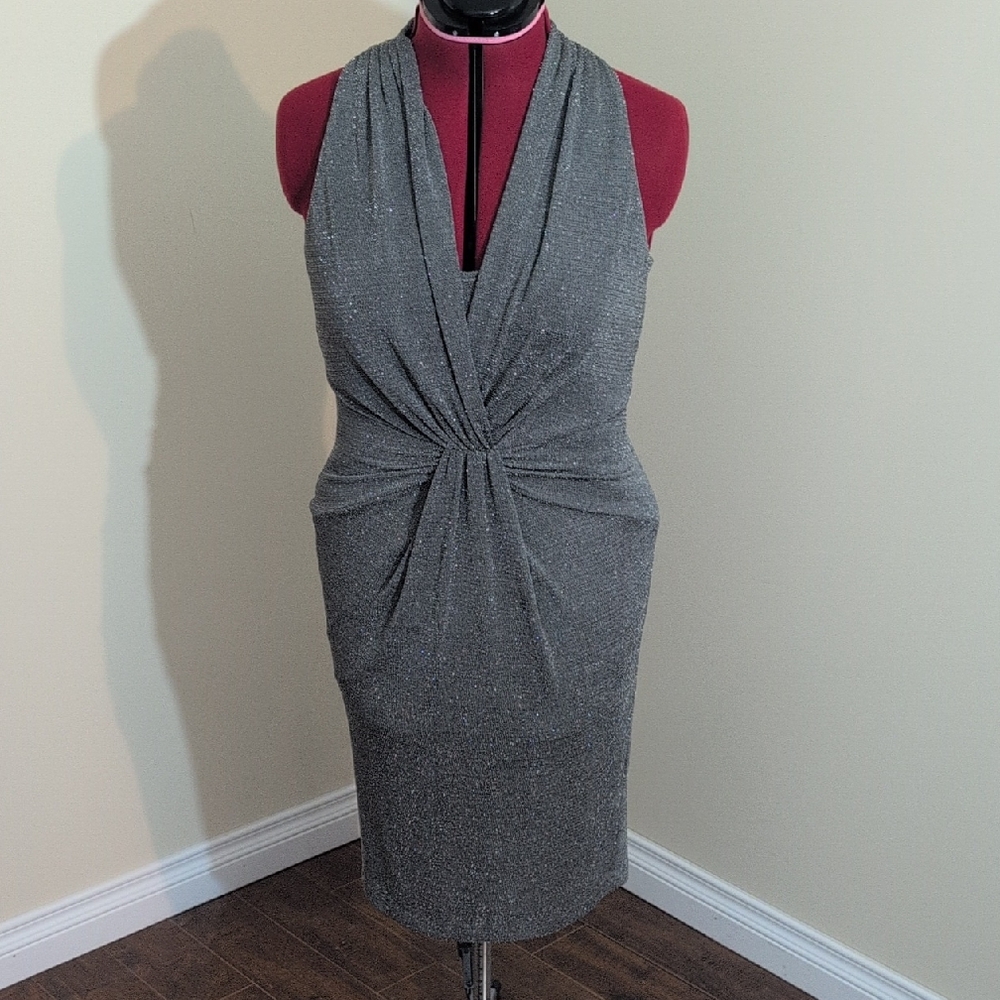Anne Klein| Gray Halter Sheath Silver Shimmer Midi Dress for Cocktail